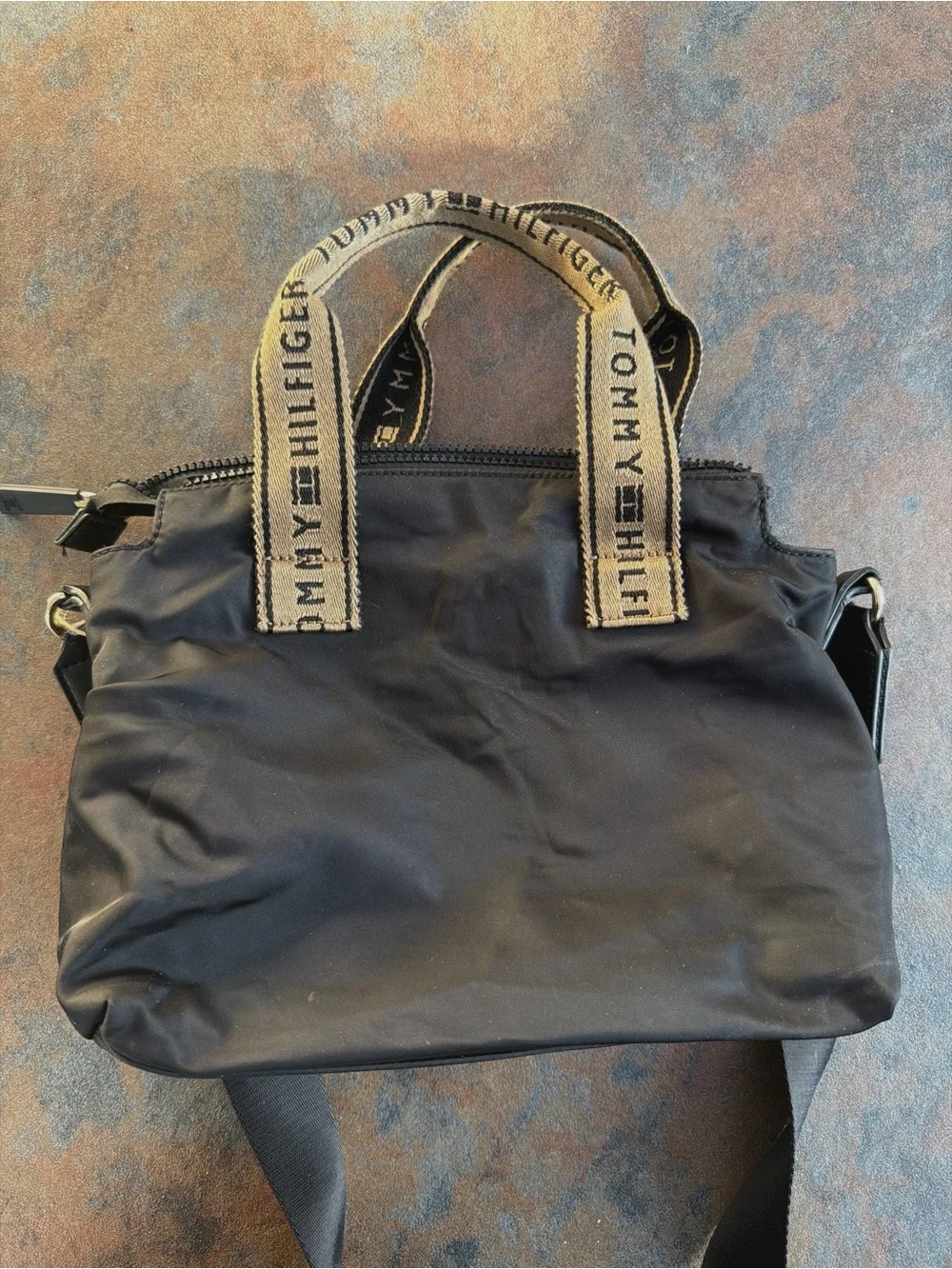 Tommy Hilfiger Black Nylon Messenger Bag with Branded Tan Handles